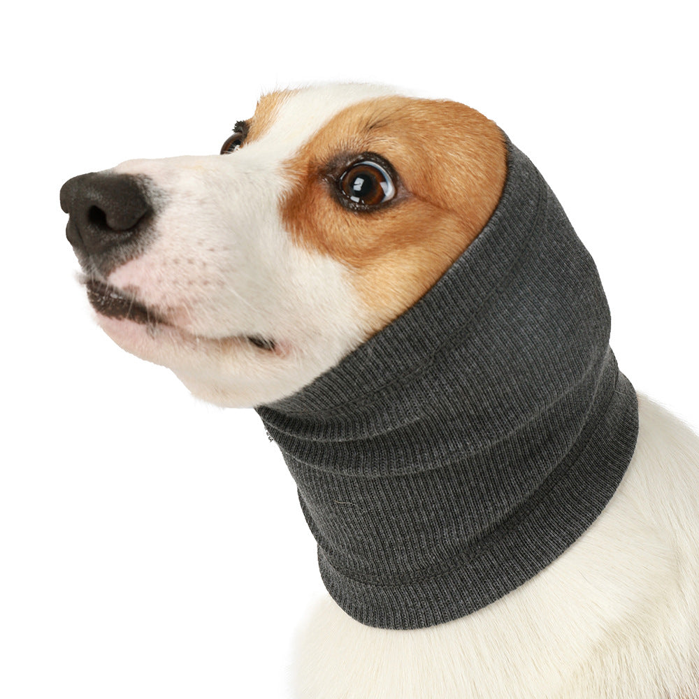 Dark gray dog headband scarf, ribbed knit, covering ears and neck