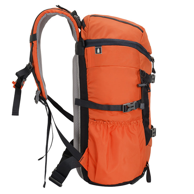 Orange hiking backpack with side straps and padded mesh back panel