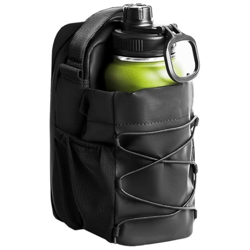 Black water bottle sling bag with front panel pockets and elastic cross straps