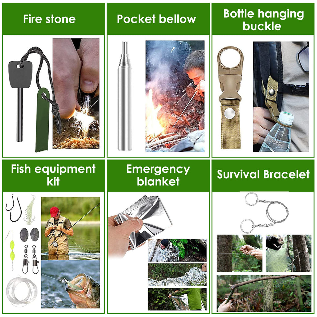 Assorted emergency survival accessories including fire starter, bracelet, and survival blanket