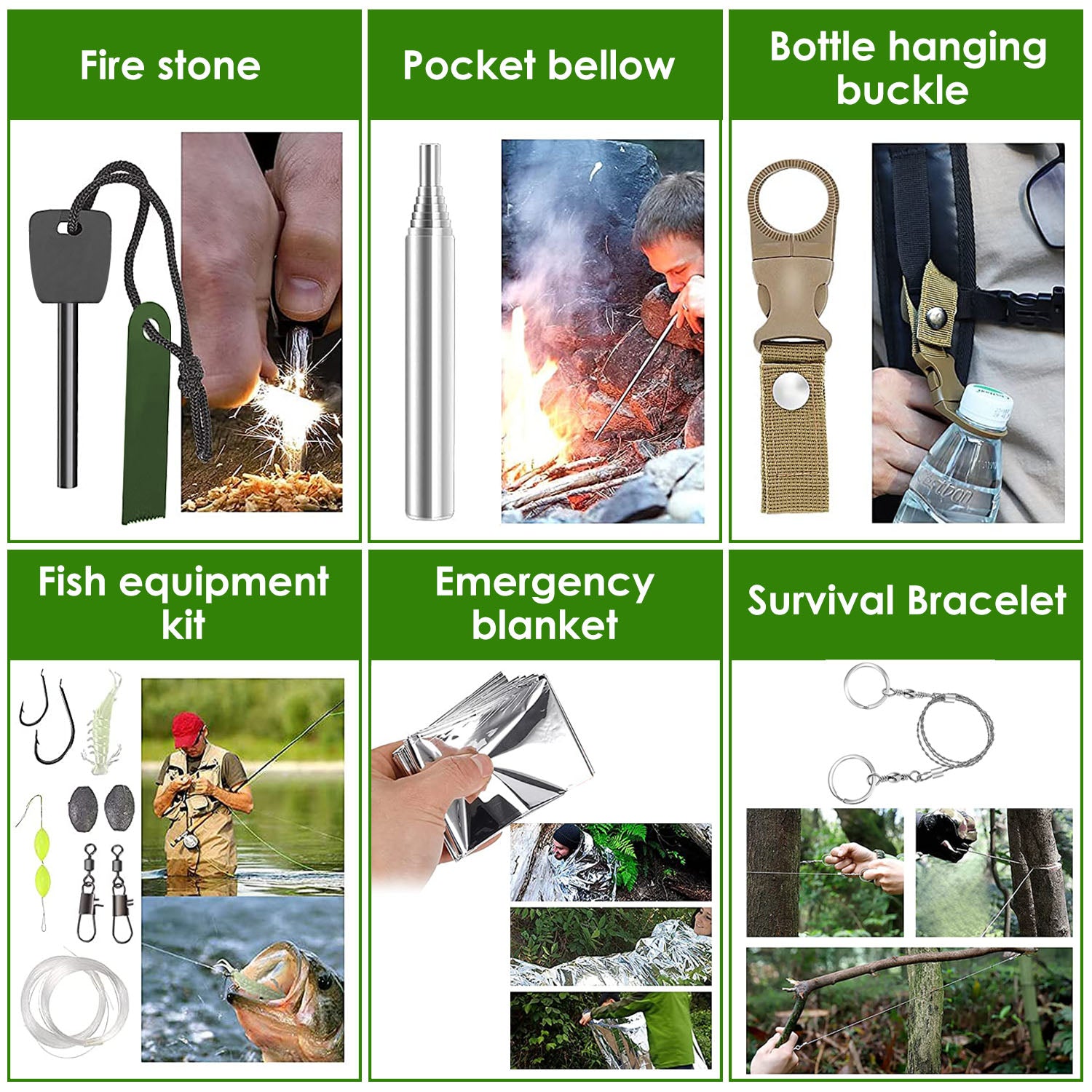 Assorted emergency survival accessories including fire starter, bracelet, and survival blanket