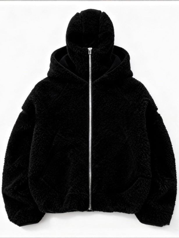 Black fleece-lined double hood sweatshirt with full-zip front and raised hood