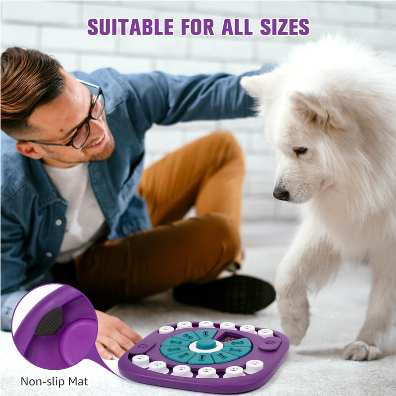Purple dog treat puzzle toy on floor with teal bone compartments and paw buttons