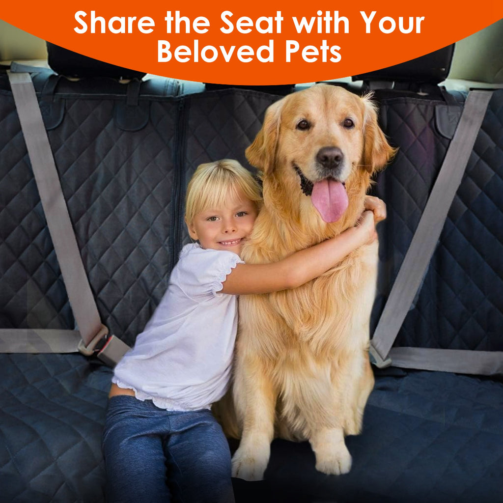 Black dog car seat cover on rear bench with pet seated beside a child