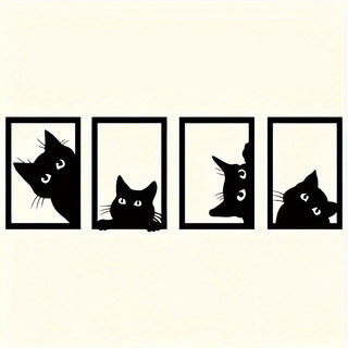 Black cat metal wall art set with four cat faces in black-framed square panels