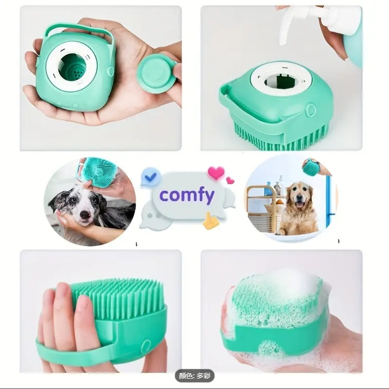 Teal self-cleaning brush base and handle for pet grooming