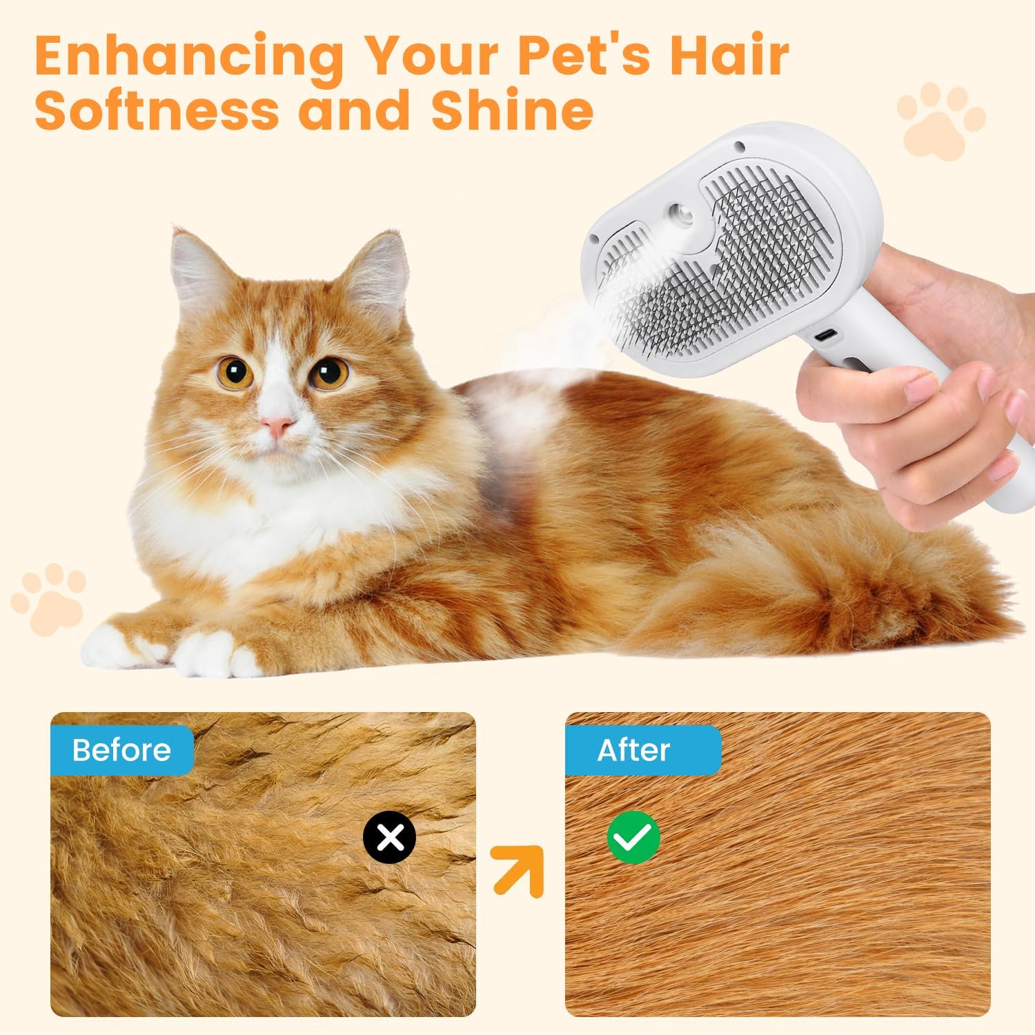 White pet steam spray brush grooming an orange and white cat