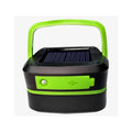 Green and black solar camping lantern front view with solar panel and green control panel