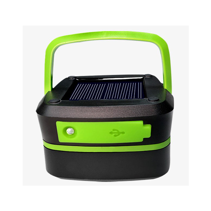 Green and black solar camping lantern front view with solar panel and green control panel