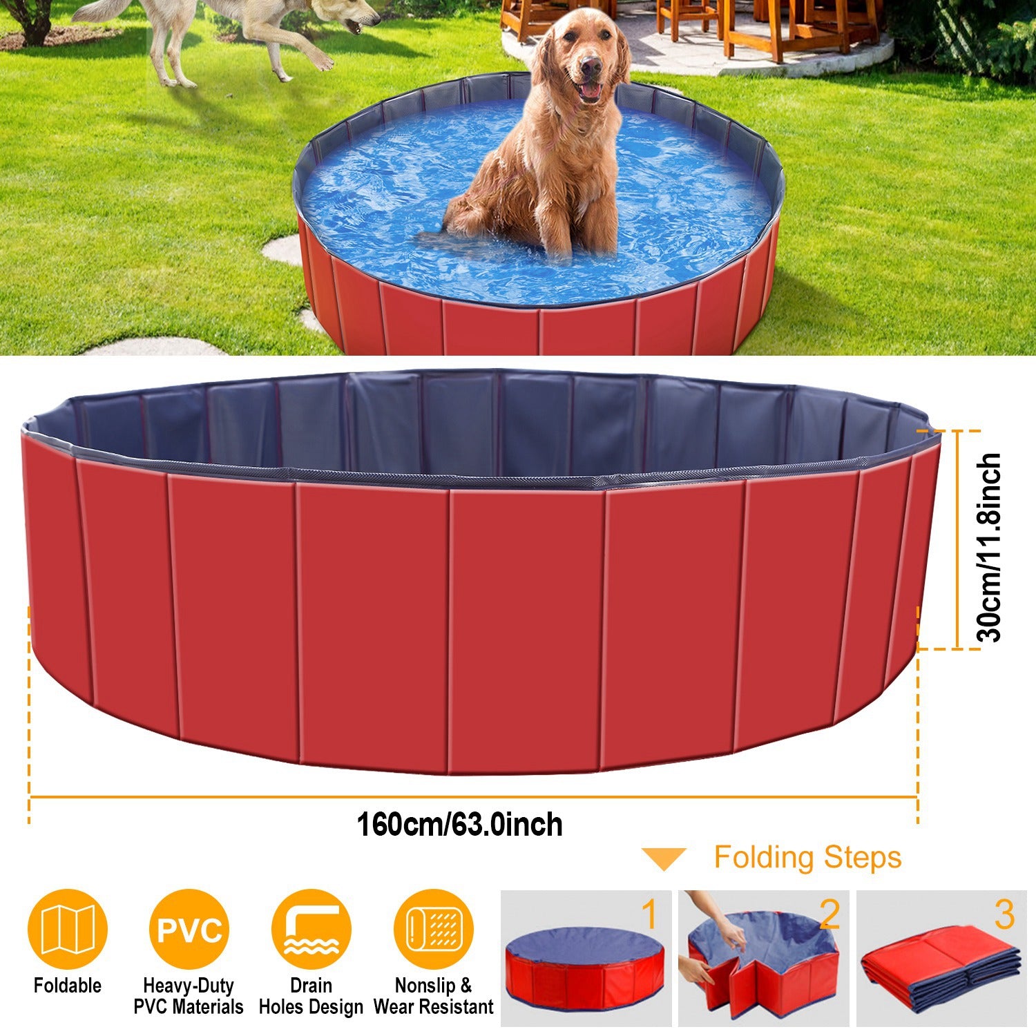 Red foldable pet swimming pool with dark blue rim and dog sitting in blue water
