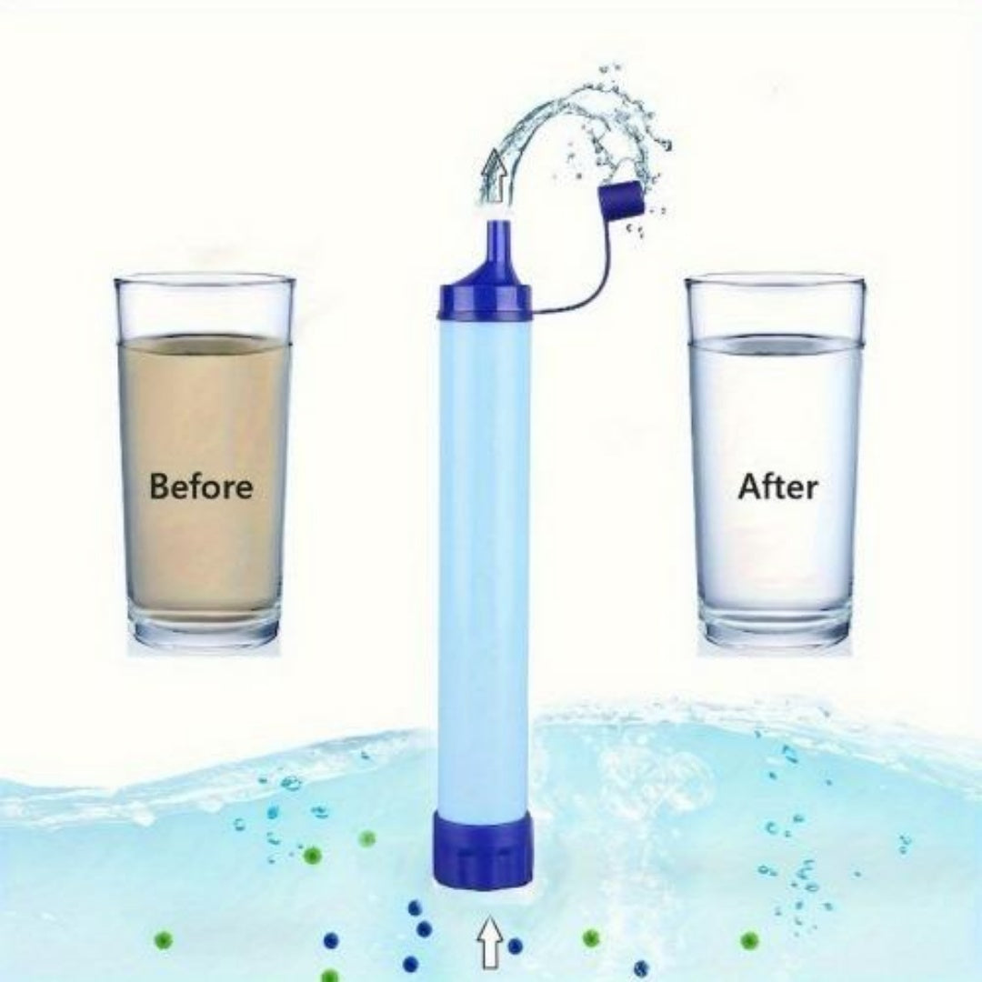 Blue portable water filter with hose tube and bottle-style body, front view