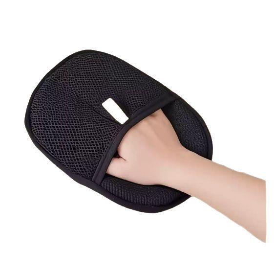 Black pet grooming deshedding glove with mesh texture and yellow accent strap