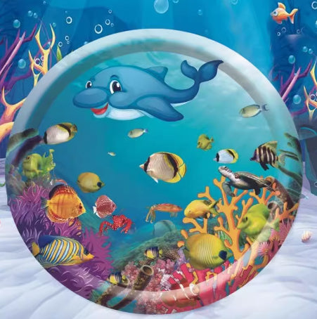 Inflatable water cooling bed: round blue sea-animal print ice pad with whale and fish