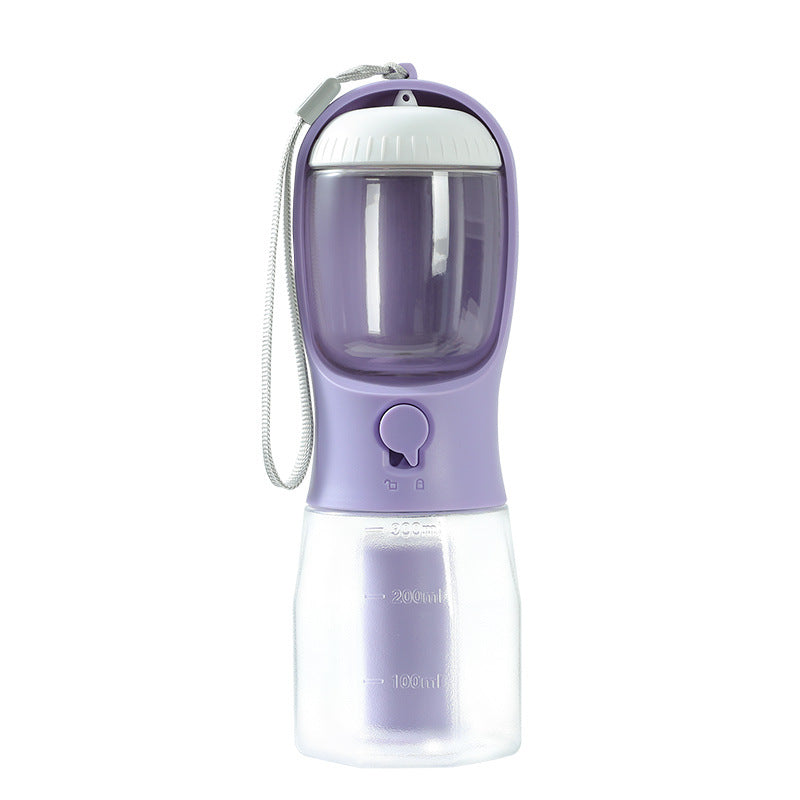 3-in-1 portable pet travel cup with purple body, clear top chamber, wrist strap