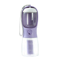 3-in-1 portable pet travel cup with purple body, clear top chamber, wrist strap