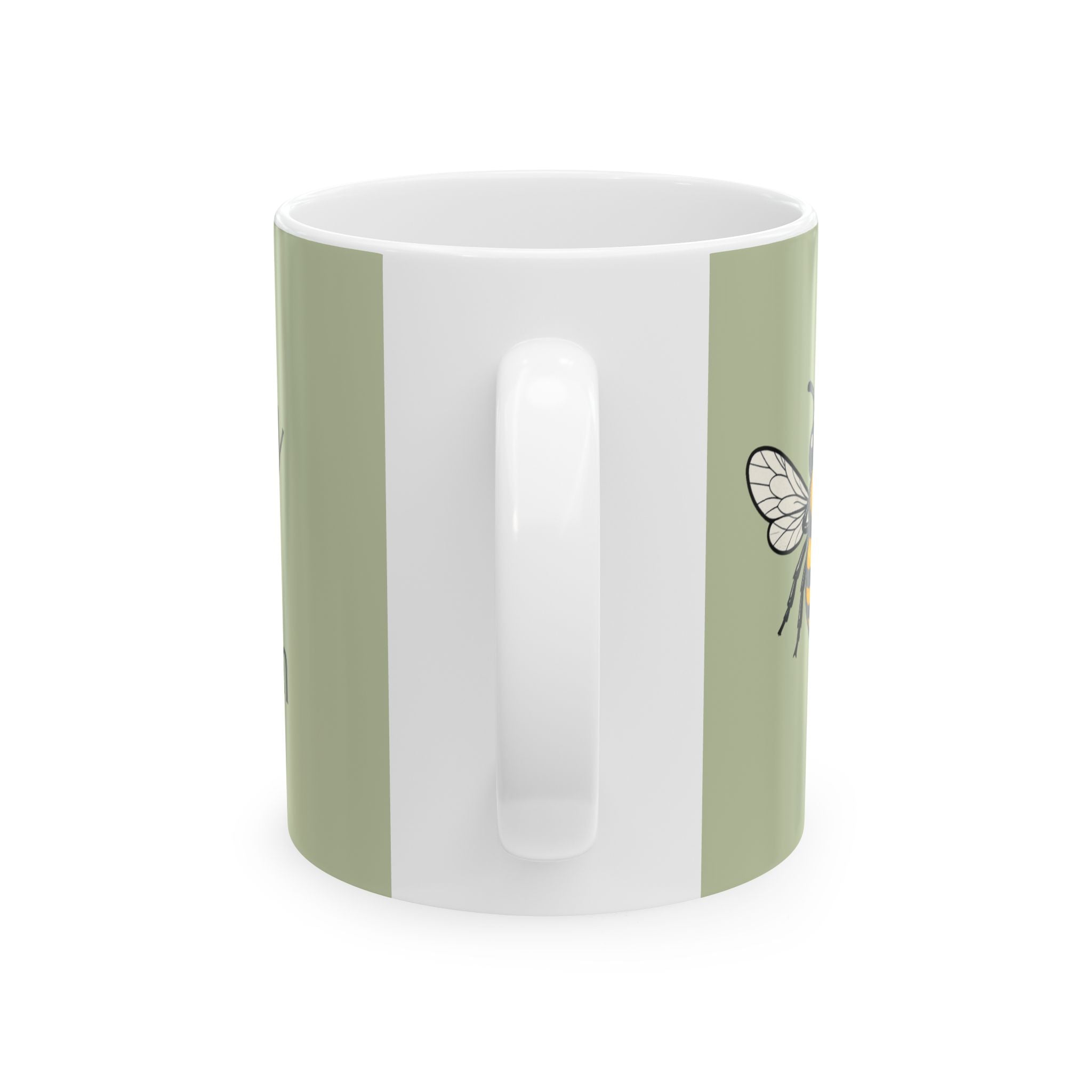 Olive green mug with white interior and butterfly illustration on side