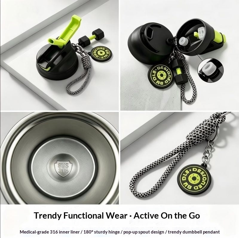 Water bottle top and bottom views with keychain; inner liner detail shown