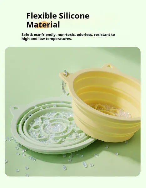Flexible silicone collapsible pet travel bowls with slow-feeder pattern and water droplets