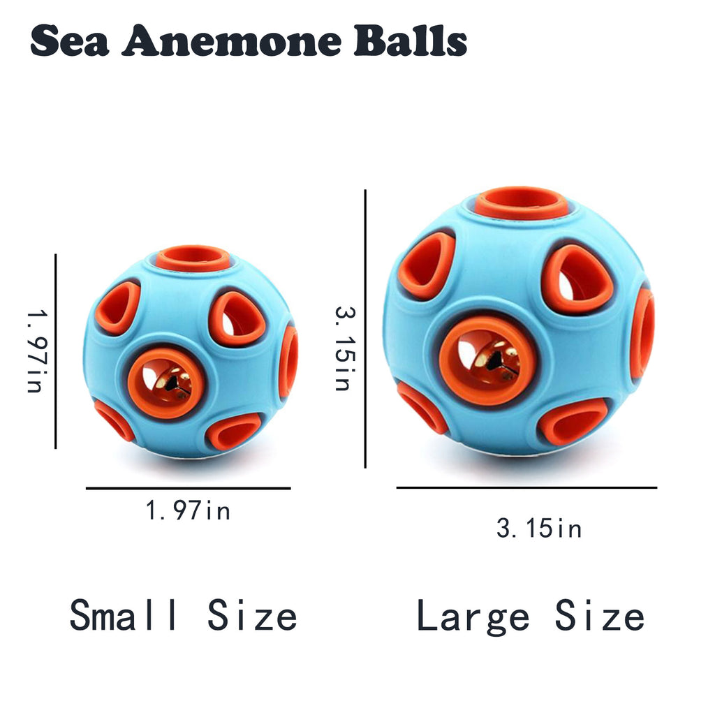 Rubber bell toy ball size chart showing small blue ball and large blue ball