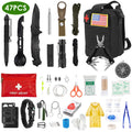 Black survival kit bag with assorted survival tools, first-aid items, and accessories