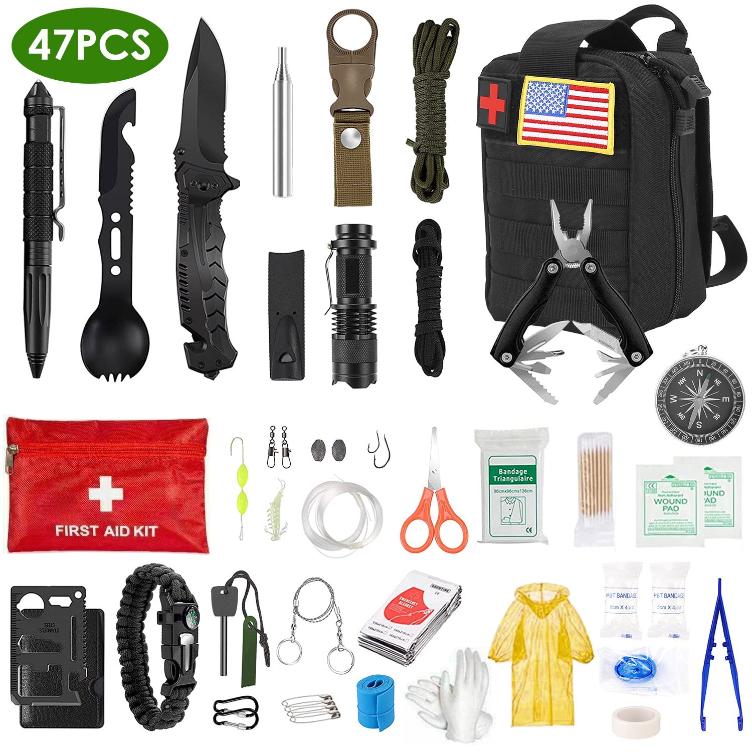 Black survival kit bag with assorted survival tools, first-aid items, and accessories
