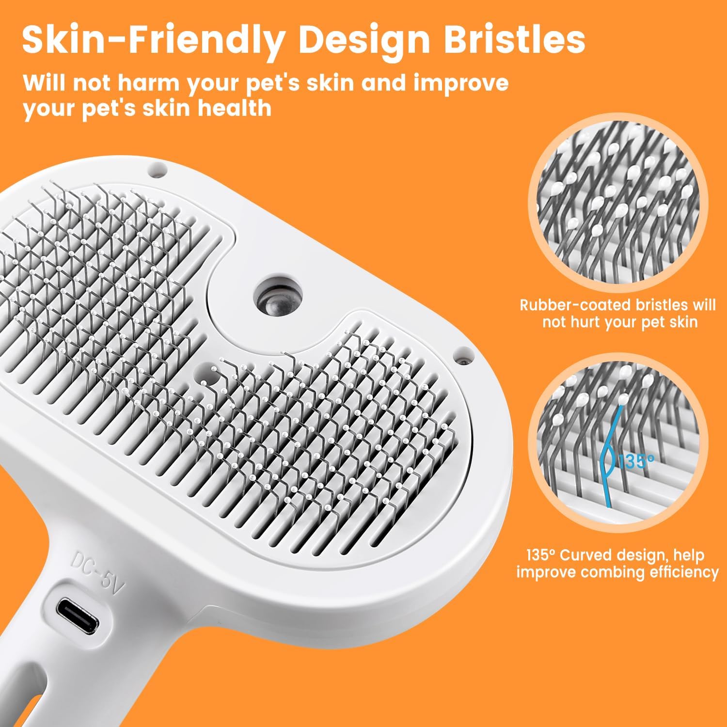 White pet steam spray brush head with dense rubber-coated bristles