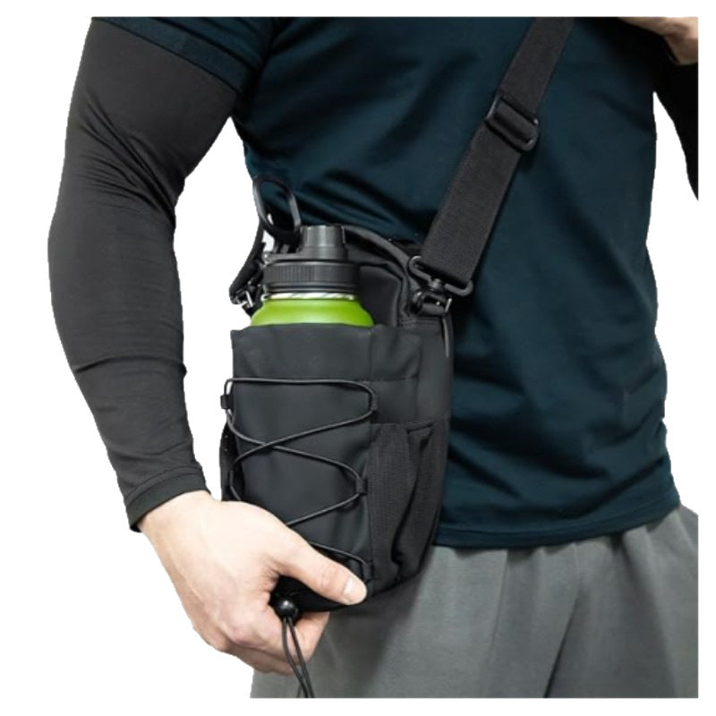 Black crossbody gym sling bag with adjustable shoulder strap and bottle holder