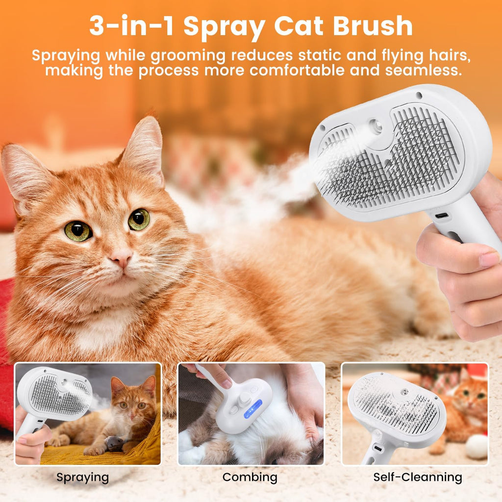 White pet steam spray brush spraying near a ginger cat