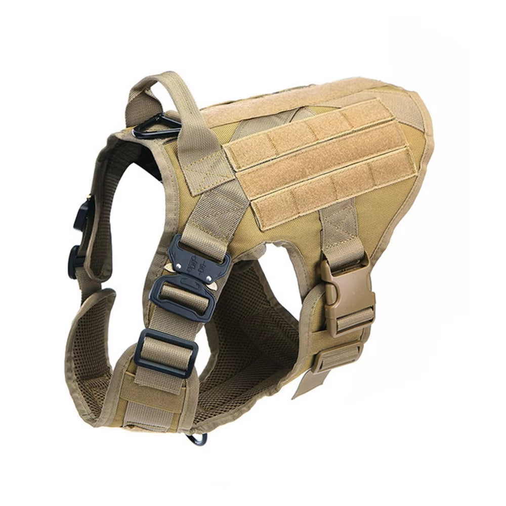 Tactical nylon dog harness in tan with padded chest panel, webbing straps, and buckles