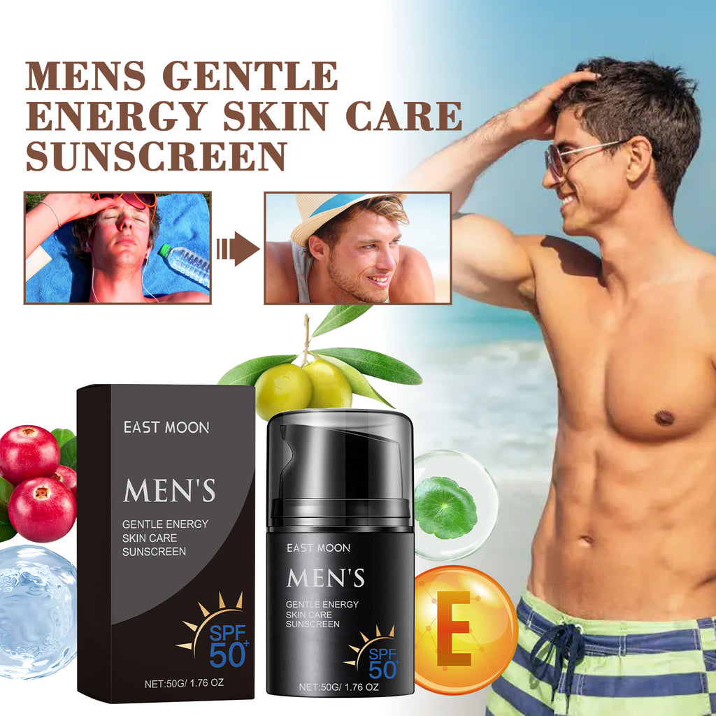 Men’s gentle energy skin care sunscreen collage with bottle, box, and vitamin E icon