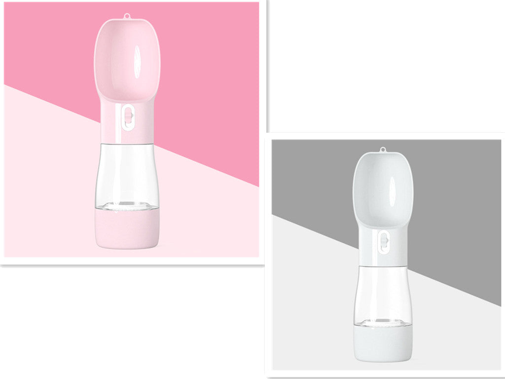 Pink and white 2-in-1 pet water and food dispenser bottles with handles