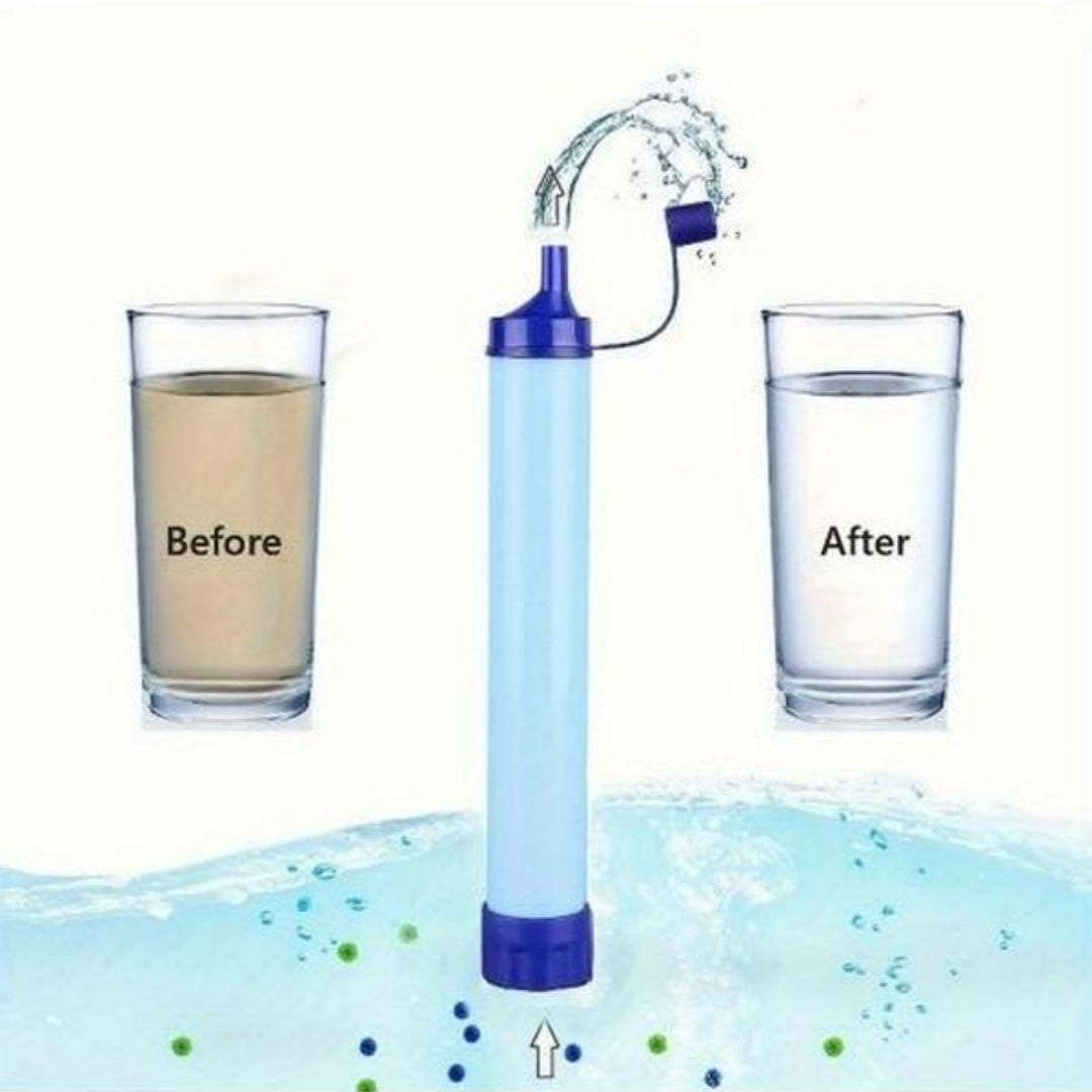 Blue portable water filter with hose tube, cylinder body standing upright