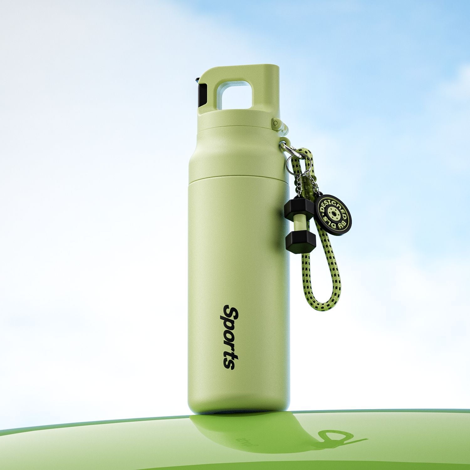 Light green water bottle with quick-open lid and chain keyring