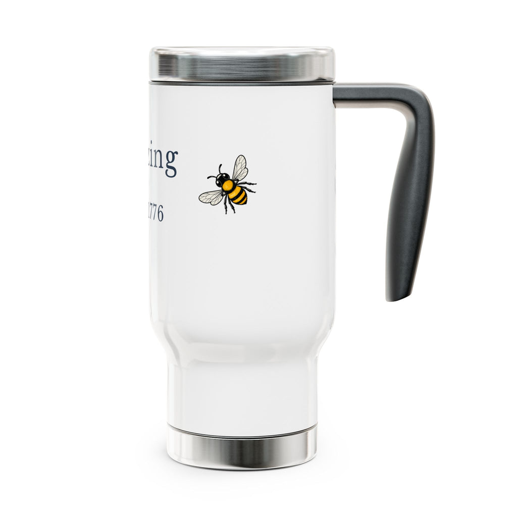 White travel mug with bee illustration and black handle, 'Buzzing' text partially visible