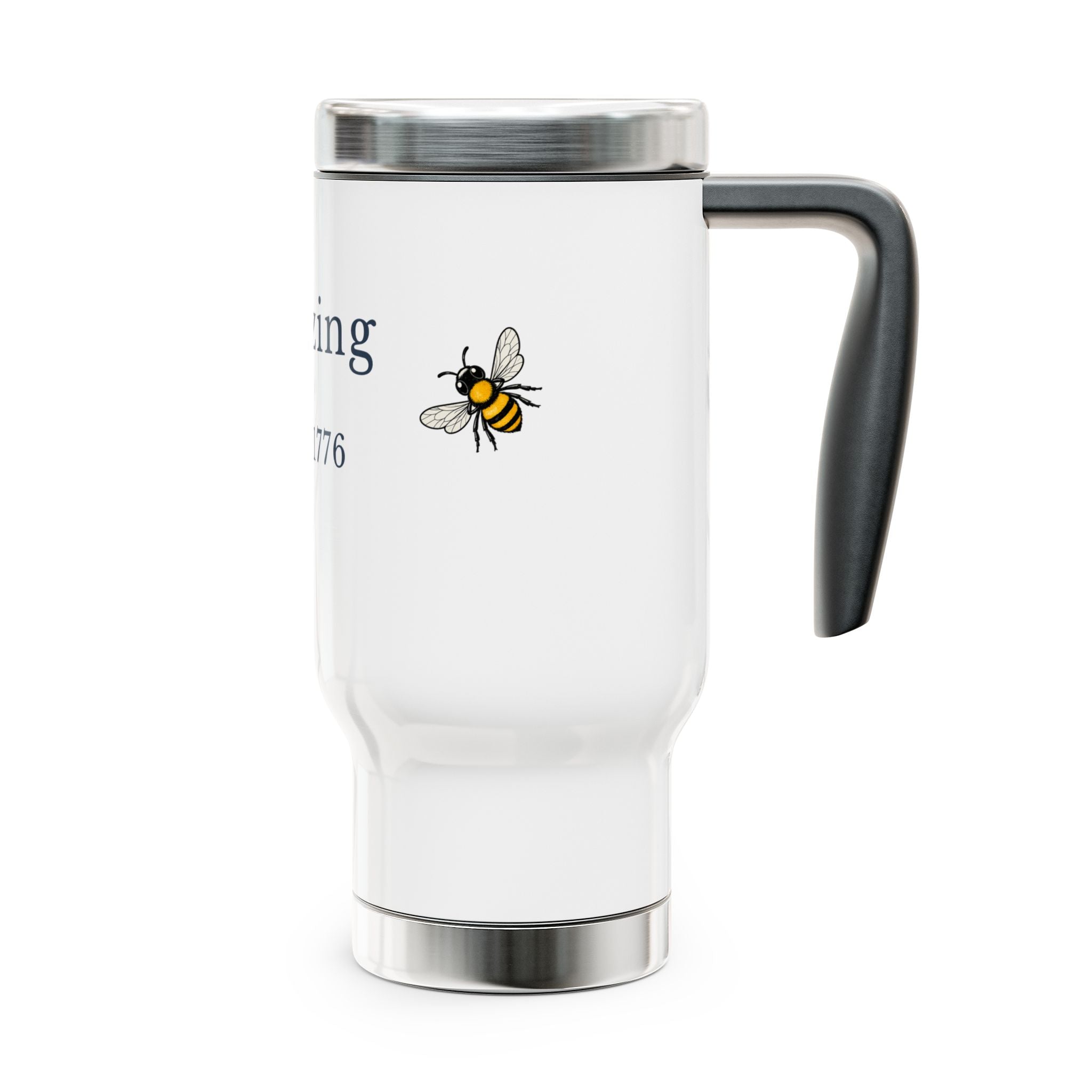 White travel mug with bee illustration and black handle, 'Buzzing' text partially visible