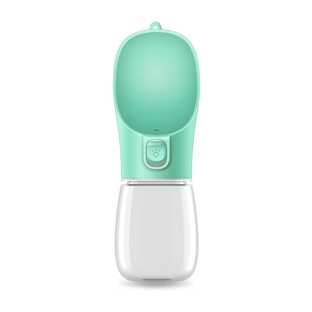 Foldable dog water bottle with integrated bowl, mint green lid and white base