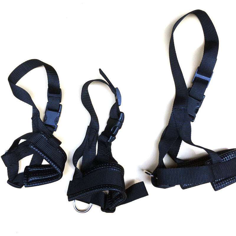 Set of black nylon dog muzzle straps with buckles and metal rings