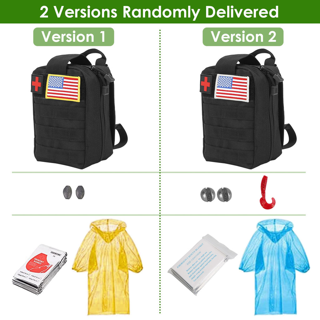 Black emergency kit bag with American flag patch, with yellow and blue ponchos
