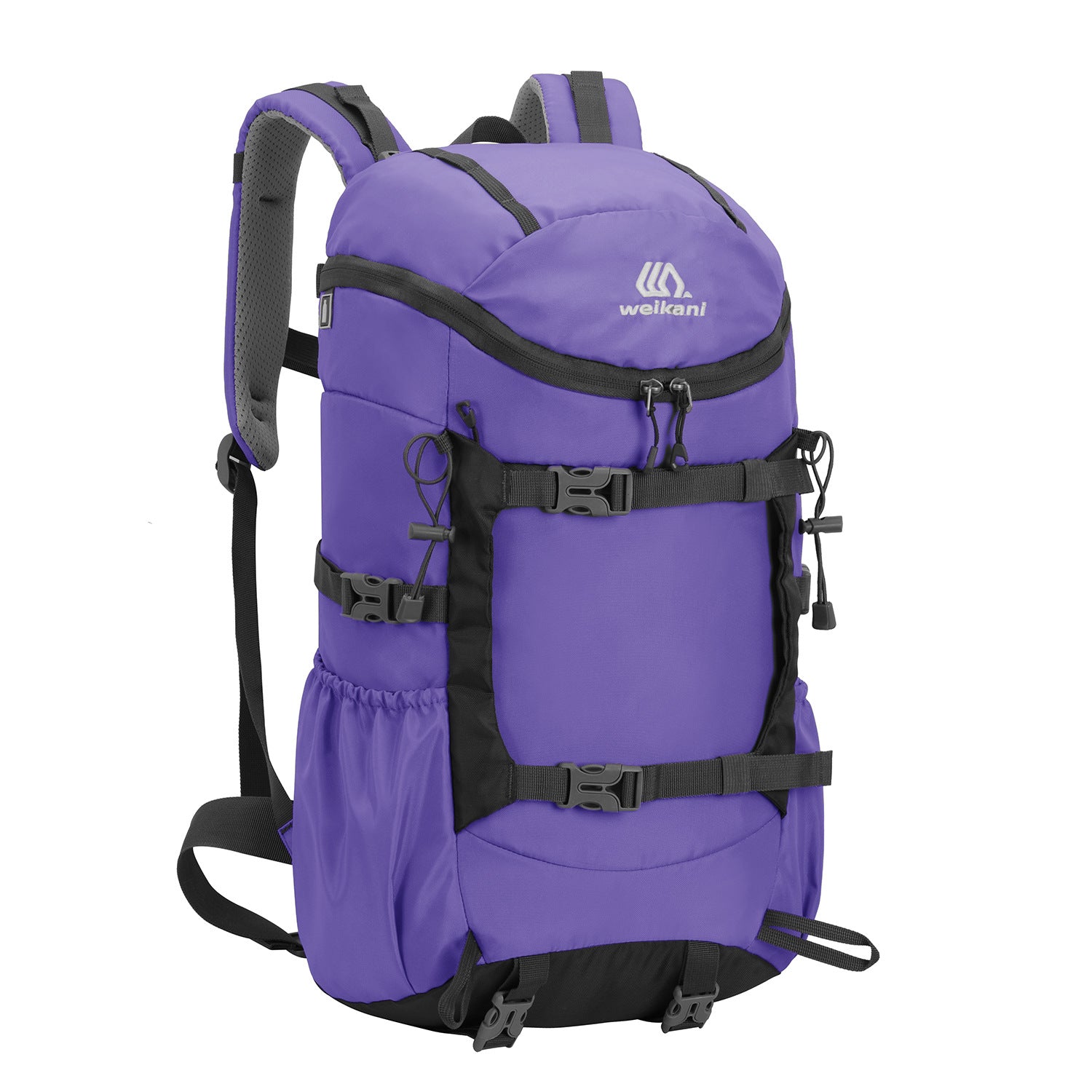 Purple 30L hiking backpack with front zip pocket, buckled straps, weikani logo