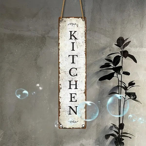 Wooden hanging kitchen sign with weathered edges, vertical KITCHEN lettering, rope hanger