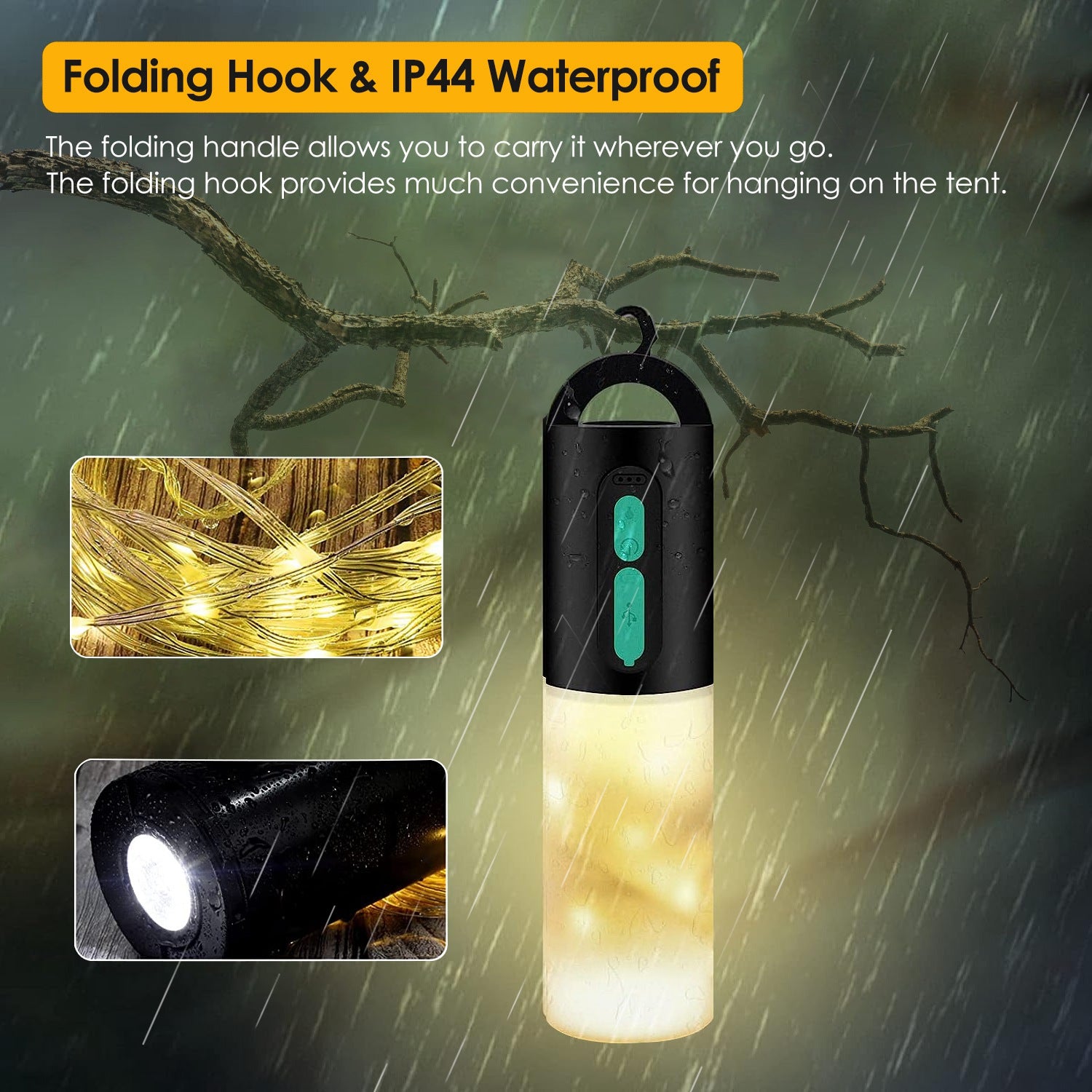 Black camping lantern with folding hook and warm light in rainy waterproof conditions