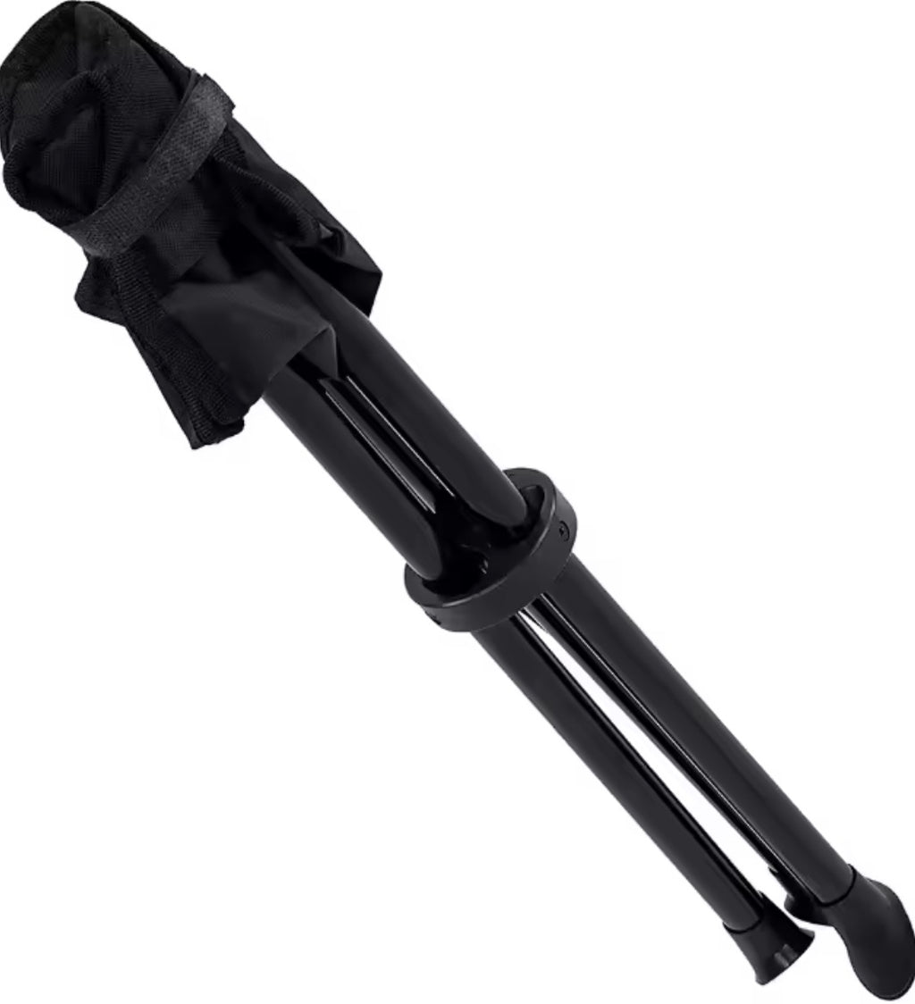 Black folding tripod stool legs with carrying straps folded compact