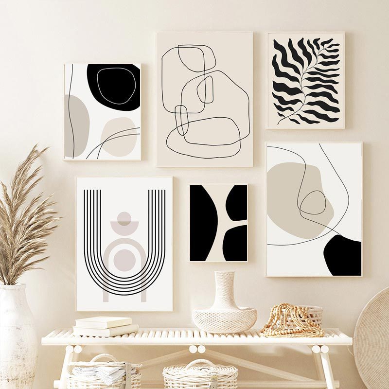 Set of framed abstract art posters with geometric lines, arches, and circular forms