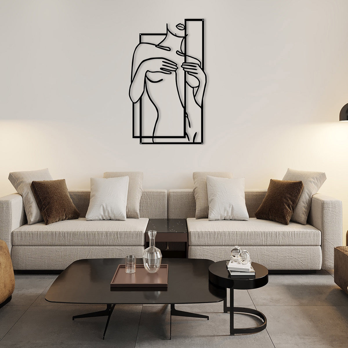 Female silhouette iron wall art with a line drawing of a woman holding a vertical panel