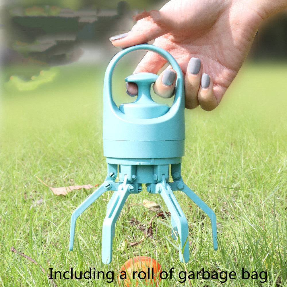 Blue dog poop bag dispenser with built-in handle, held in a hand