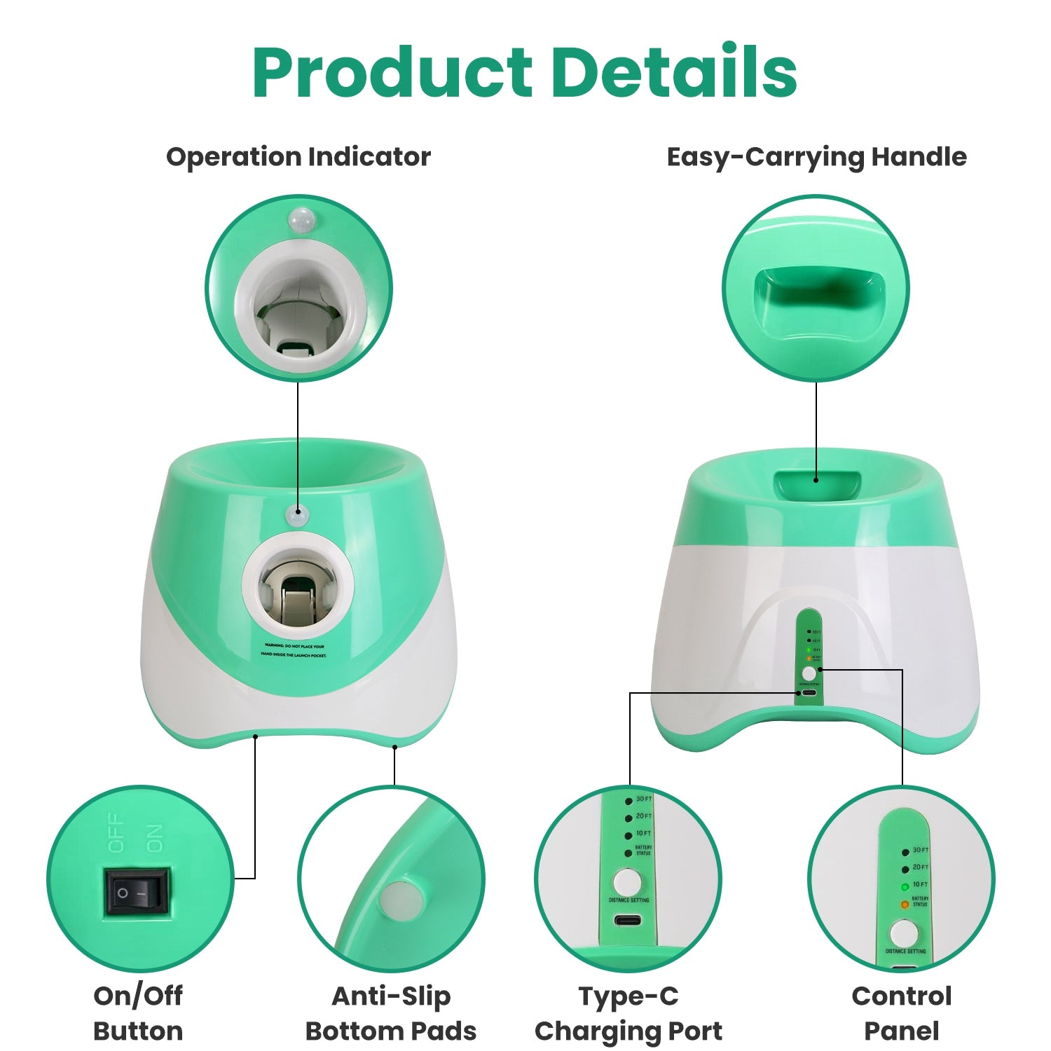 Green and white automatic dog ball launcher showing handle, control panel, and ports