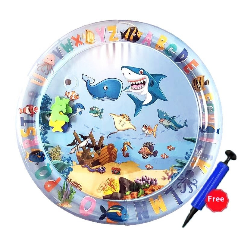 Inflatable water cooling bed, round ocean ice pad with colorful sea-life print and pump