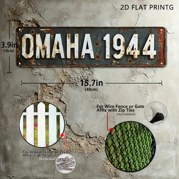 Vintage military metal sign with rivets, reading OMAHA 1944 and accessory diagram