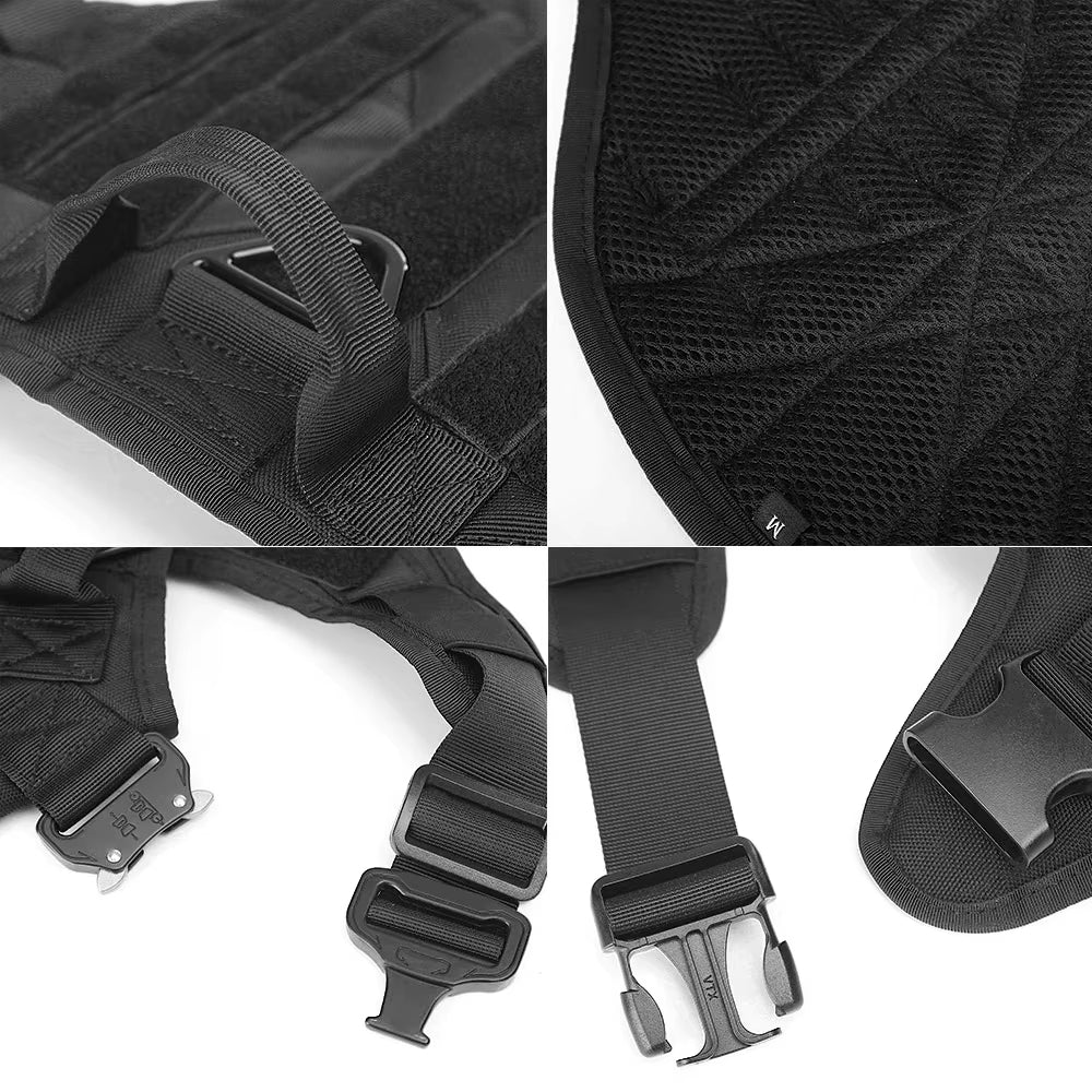 Tactical nylon dog harness close-up of black mesh padding, webbing straps, and buckles