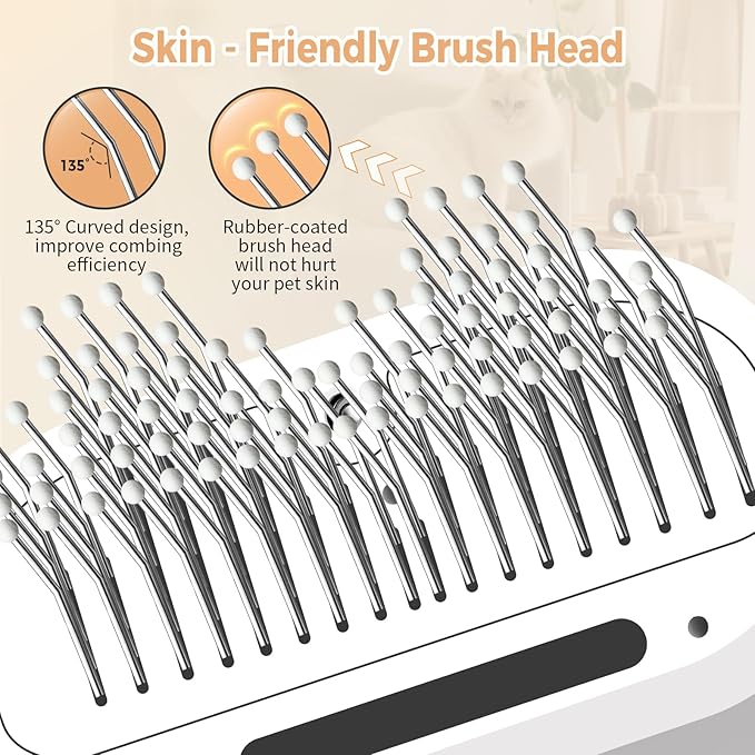 White pet steam spray brush head with curved rubber-coated pin bristles detail